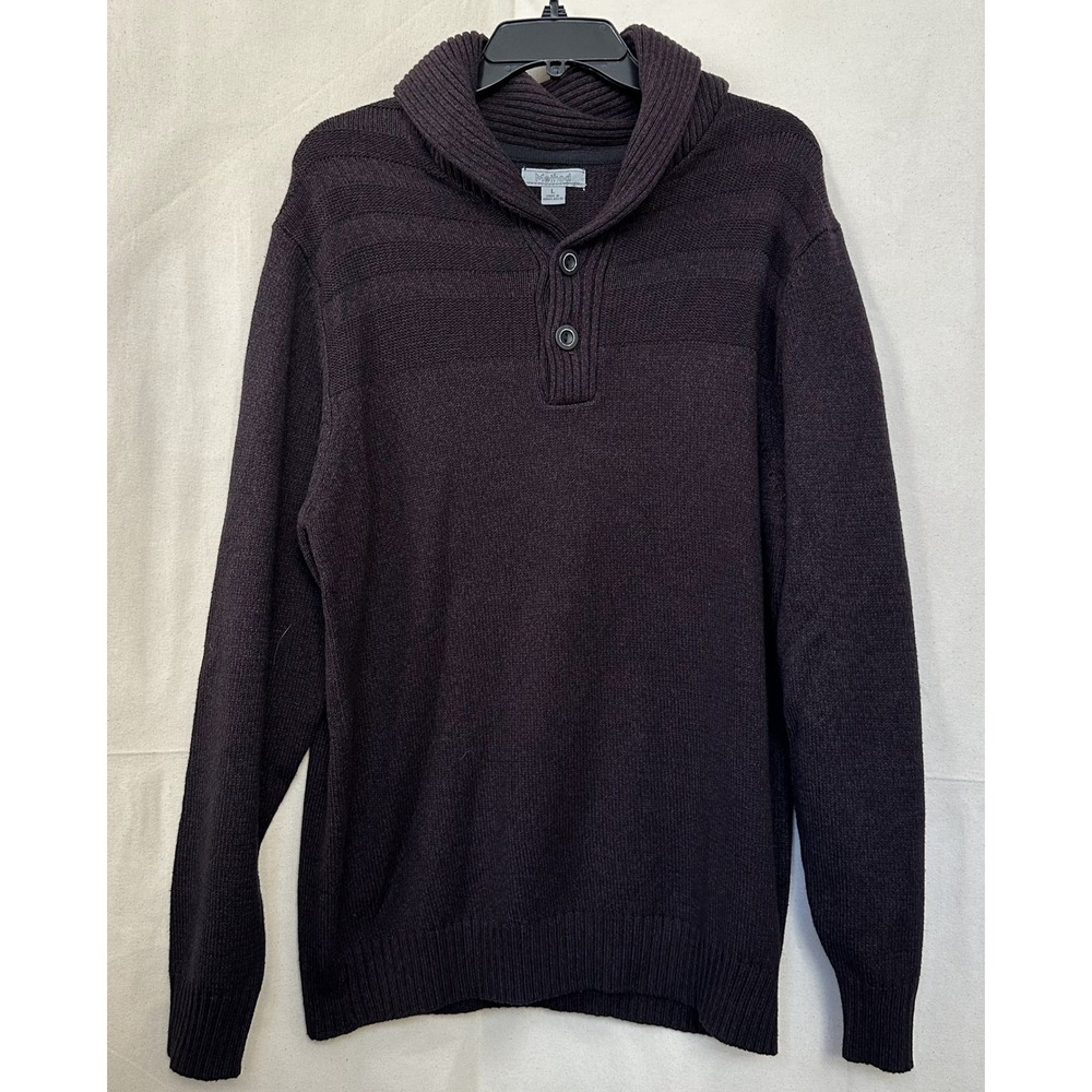 Method Shawl Collar Button Neck Knit Sweater Men L‎ Dark Burgundy Preppy Grandpa